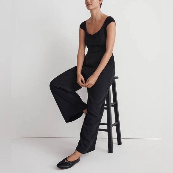 Madewell Pants - NWT Madewell Black Cap-Sleeve Crop Wide-Leg Grace Jumpsuit with Pockets, L (10)